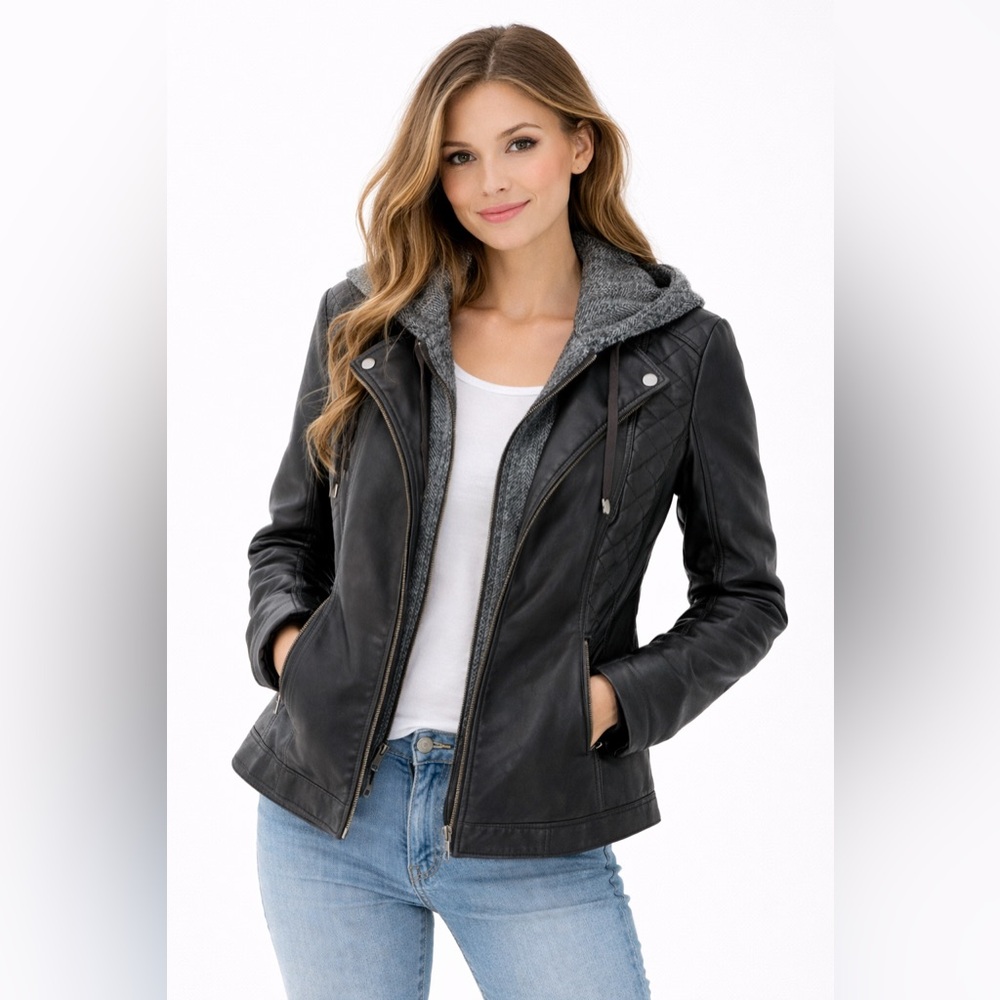 🌸Mo-Ka Merian knit hood Women's Black faux Leather Jacket heavy weight🌸